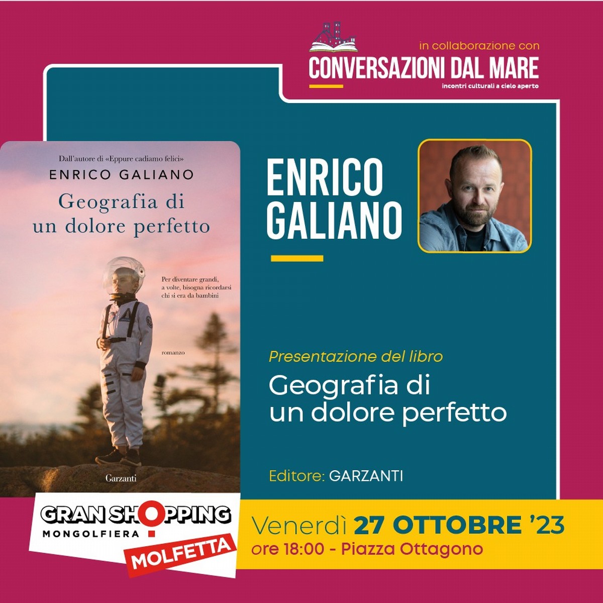 A Martina Franca, Enrico Galiano presenta il suo ultimo romanzo “Geografia  di un dolore perfetto”