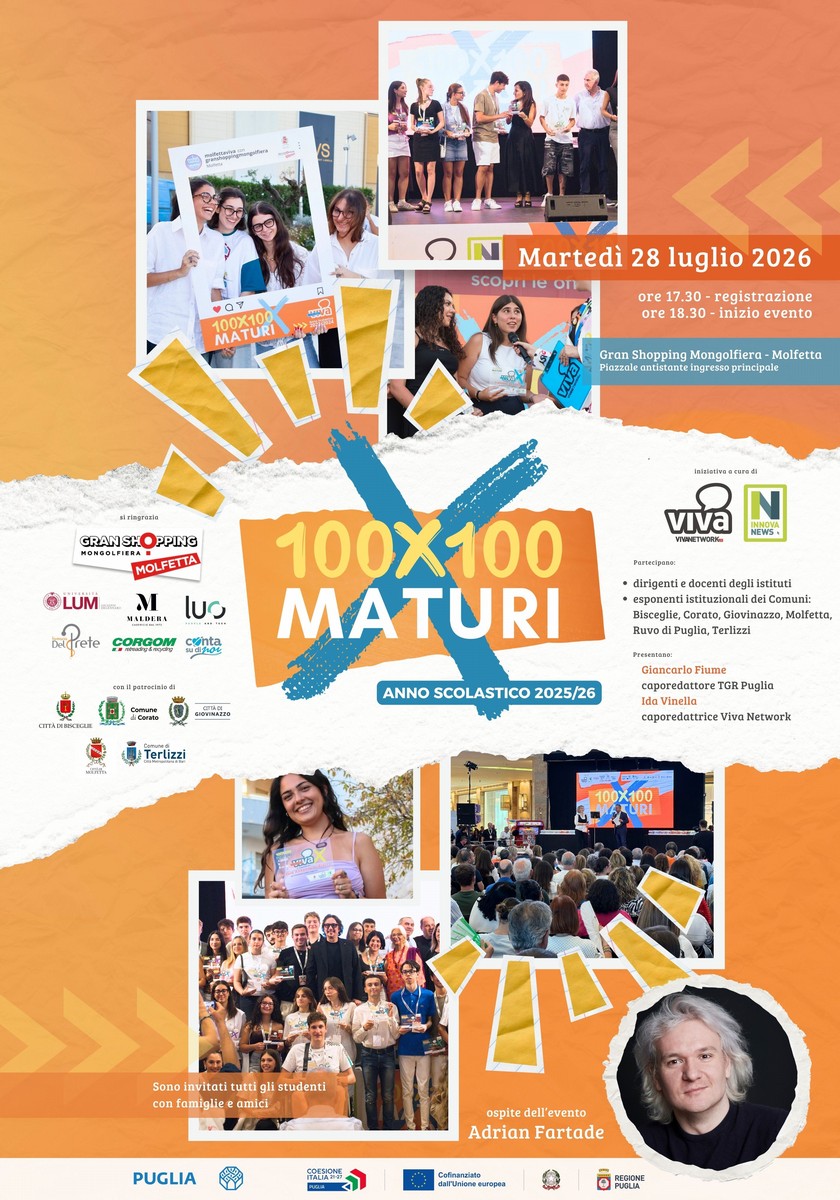 100x100 Maturi 2026, il 28 luglio la festa delle eccellenze a Molfetta: ospite Adrian Fartade