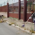 Erbacce e rifiuti attorno alla parrocchia Santa Famiglia. I fedeli ripuliscono i marciapiedi