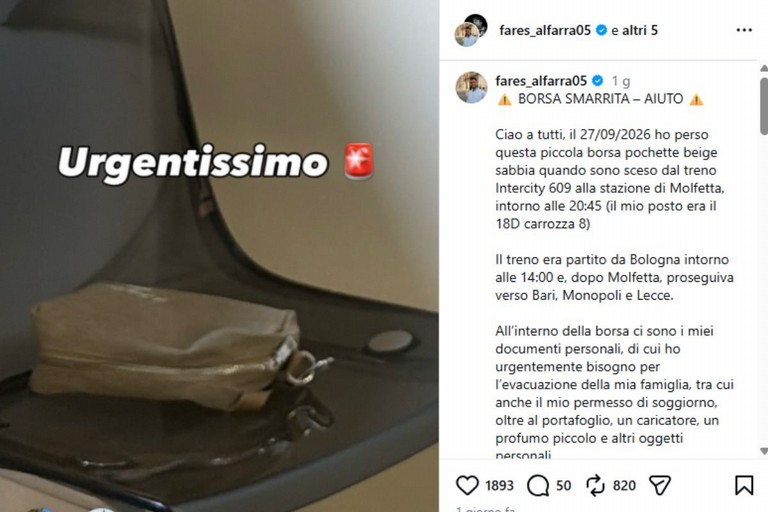 Borsa smarrita sul treno Intercity 609: l’appello di Fares AlFarra