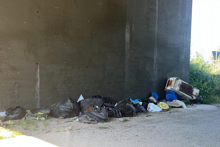 Rifiuti di ogni genere sotto il ponte della strada statale 16 bis